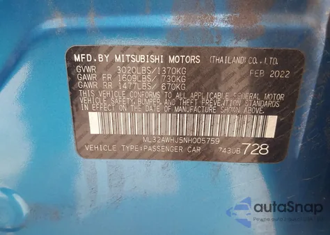 2022 Mitsubishi Mirage Black Edition/Se z USA, uszkodzony, nr VIN ML32AWHJ5NH005759